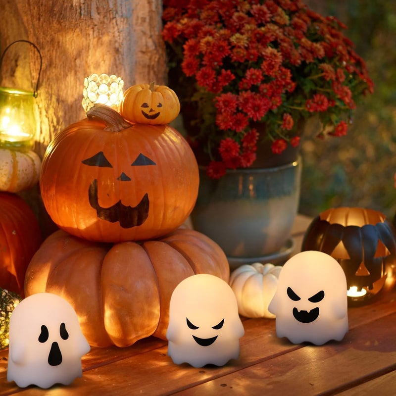 DRomance Halloween Ghost Lights Flameless Candles Battery Operated with Remote and Timer 6 Pack Spooky White LED Votive Candles Dimmable Light Halloween Indoor Decoration(2 x 2.4 Inches) - Image 5